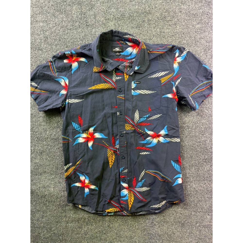 O'Neill Button Up Shirt Mens Small Navy Blue Tropical Floral Rayon Cotton Blend